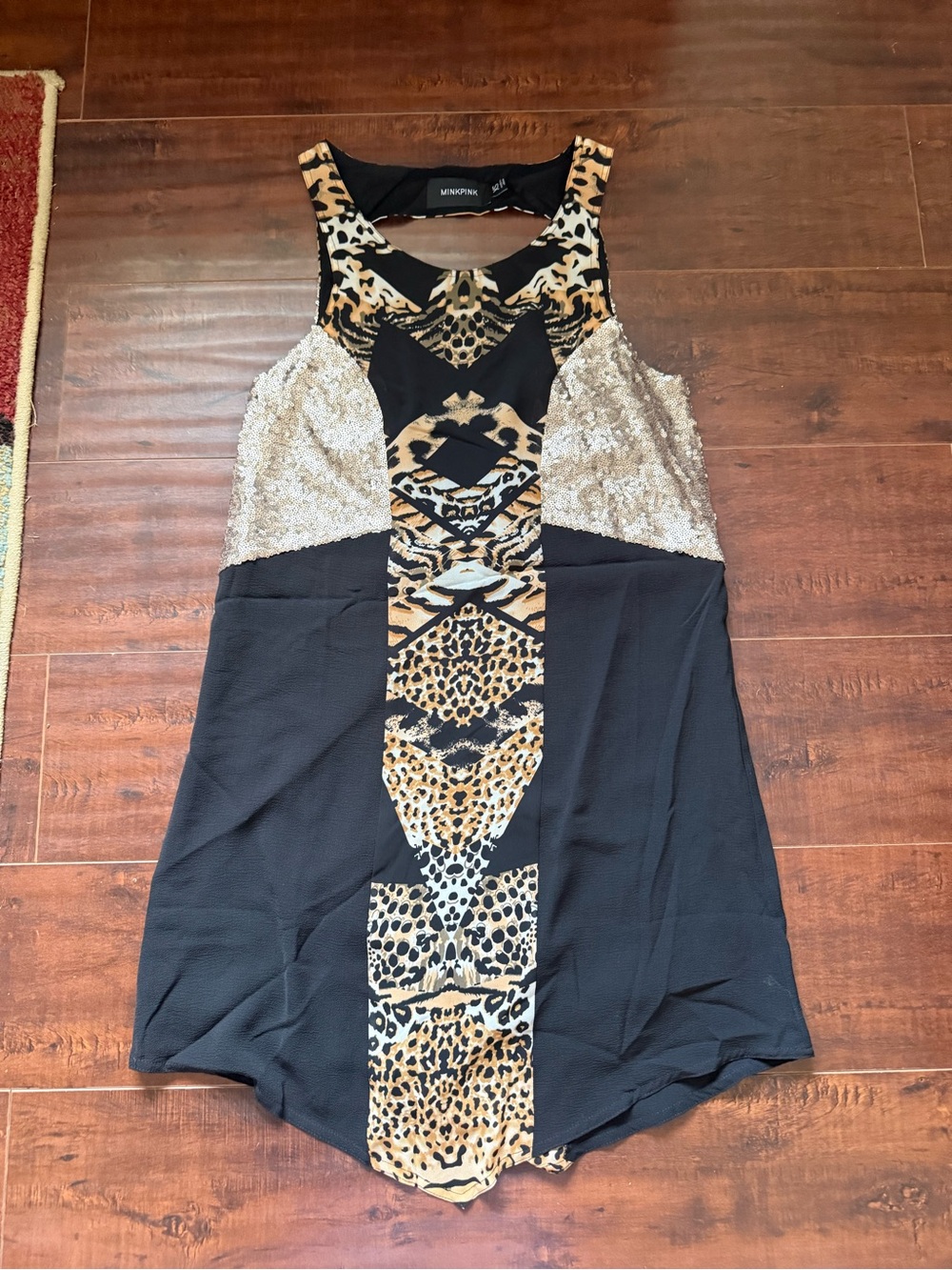 MINKPINK Black Dress with Leopard Print & Silver Sequin Panels